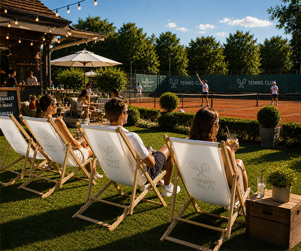 Sitzmöbel im Entspannungsbereich und im Fanbereich auf dem Tennisplatz